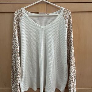 Belle by Kim Gravel Leopard/Cream Waffle Knit V-neck